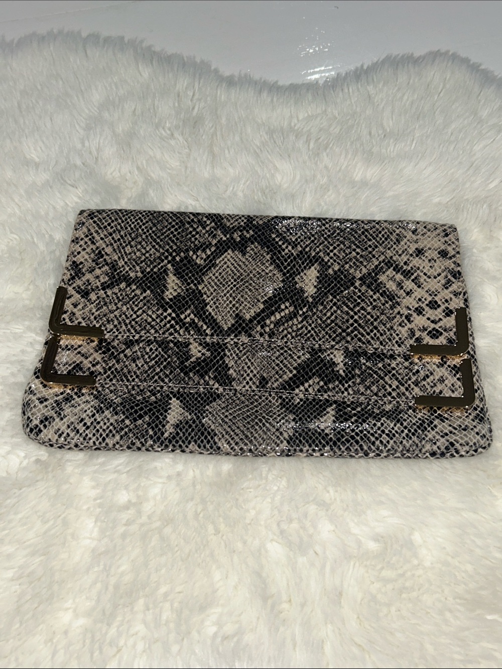 Michael Kors Snakeskin-Pattern Foldover Clutch in Black and Cream